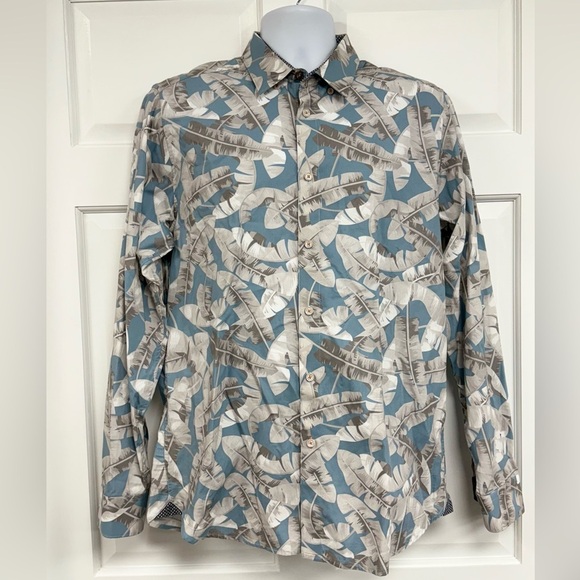 Ted Baker Ramseys Button Down Shirt Men’s XL (Ted 5) Blue Palm Leaf Flip Cuff - Picture 3 of 11